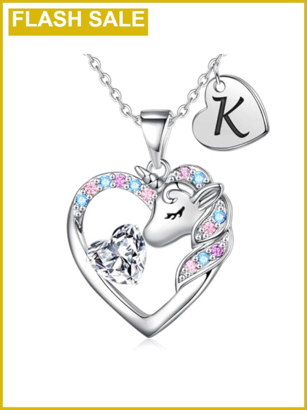 Unicorn Heart Initial Necklace CZ Girls Jewelry Gift Hypoallergenic